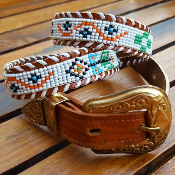 Vtg Leather and Beaded Western Belt
